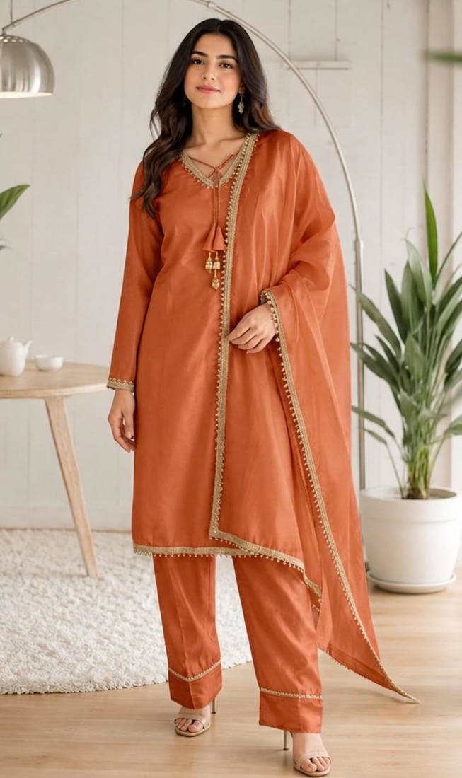Rust glass satin mirror work kurta with pant and dupatta