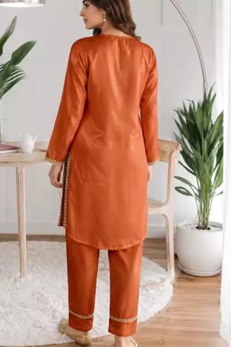 Rust glass satin mirror work kurta with pant and dupatta