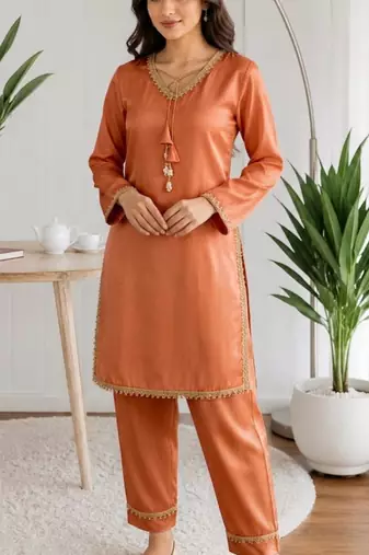 Rust glass satin mirror work kurta with pant and dupatta