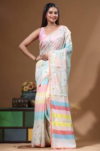 Off-white mal chanderi with kantha work saree with blouse piece