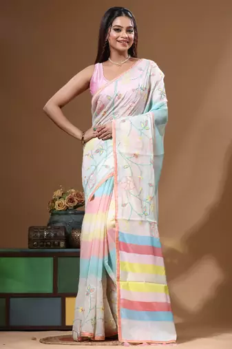 Off-white mal chanderi with kantha work saree with blouse piece
