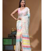 Off-white mal chanderi with kantha work saree with blouse piece