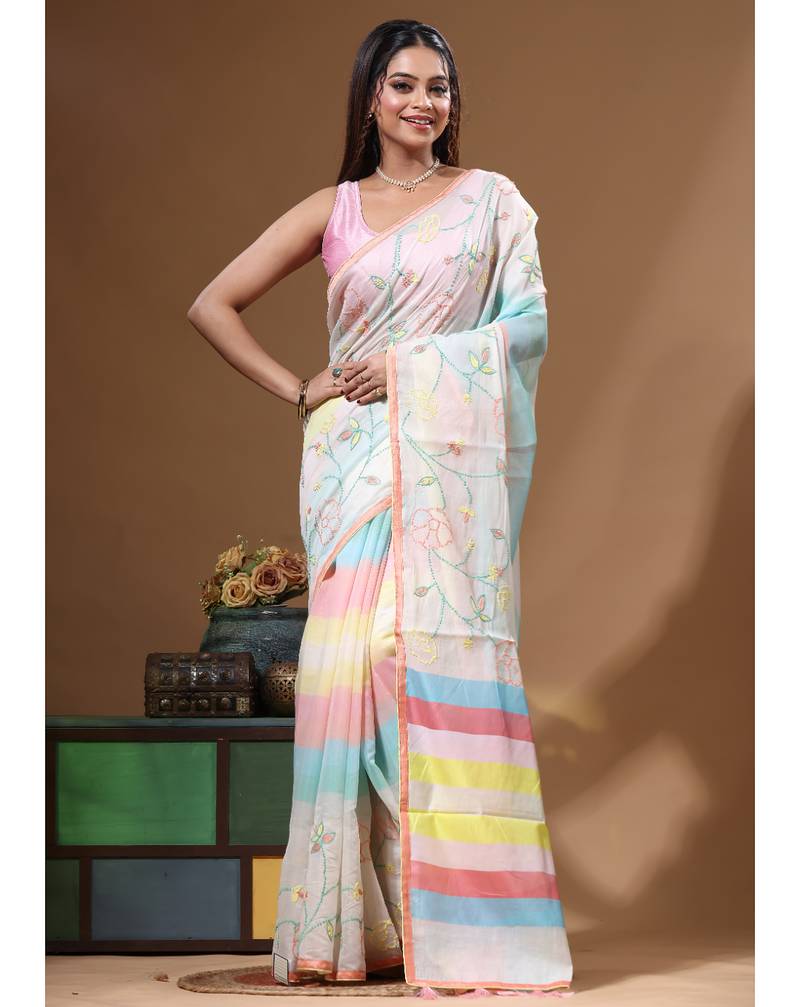 Off-white mal chanderi with kantha work saree with blouse piece