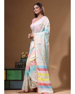Off-white mal chanderi with kantha work saree with blouse piece 2