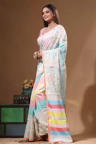 Off-white mal chanderi with kantha work saree with blouse piece