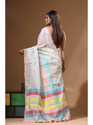 Off-white mal chanderi with kantha work saree with blouse piece 3