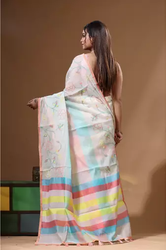 Off-white mal chanderi with kantha work saree with blouse piece