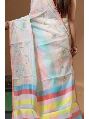 Off-white mal chanderi with kantha work saree with blouse piece 4