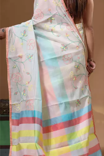 Off-white mal chanderi with kantha work saree with blouse piece
