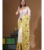 Off-white mal chanderi with kantha work saree with blouse piece