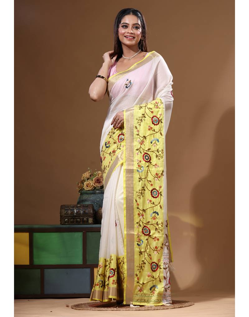 Off-white mal chanderi with kantha work saree with blouse piece