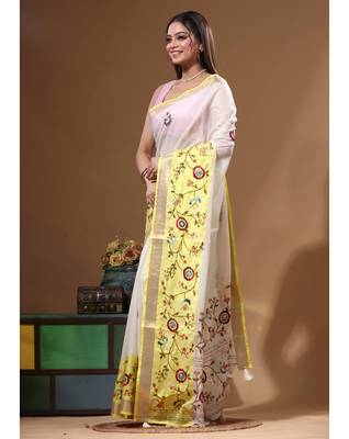 Off-white mal chanderi with kantha work saree with blouse piece 2