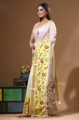 Off-white mal chanderi with kantha work saree with blouse piece