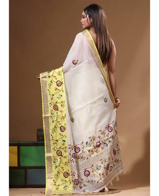 Off-white mal chanderi with kantha work saree with blouse piece 3