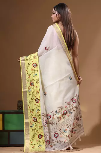 Off-white mal chanderi with kantha work saree with blouse piece