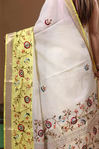 Off-white mal chanderi with kantha work saree with blouse piece