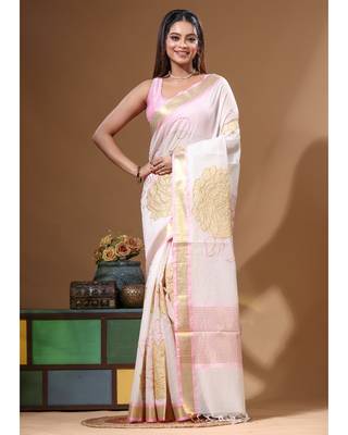 Off-white mal chanderi with applique work saree with blouse piece 1