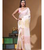 Off-white mal chanderi with applique work saree with blouse piece
