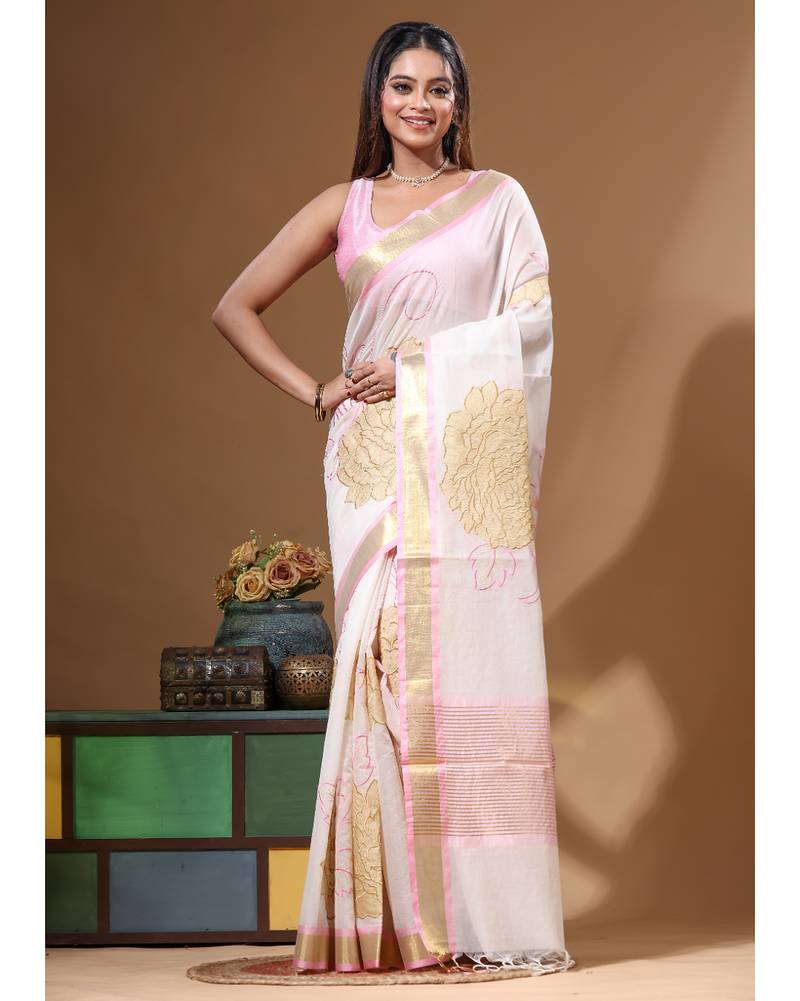 Off-white mal chanderi with applique work saree with blouse piece