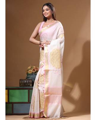 Off-white mal chanderi with applique work saree with blouse piece 2