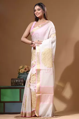 Off-white mal chanderi with applique work saree with blouse piece