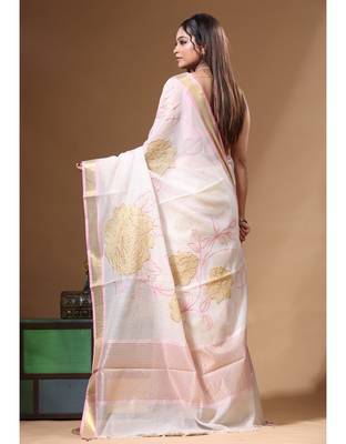 Off-white mal chanderi with applique work saree with blouse piece 3