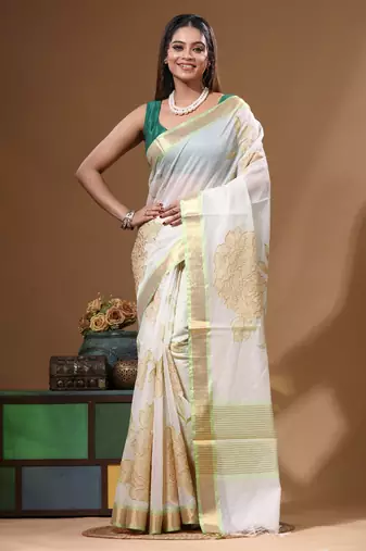 Off-white mal chanderi with applique work saree with blouse piece