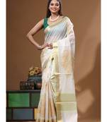 Off-white mal chanderi with applique work saree with blouse piece