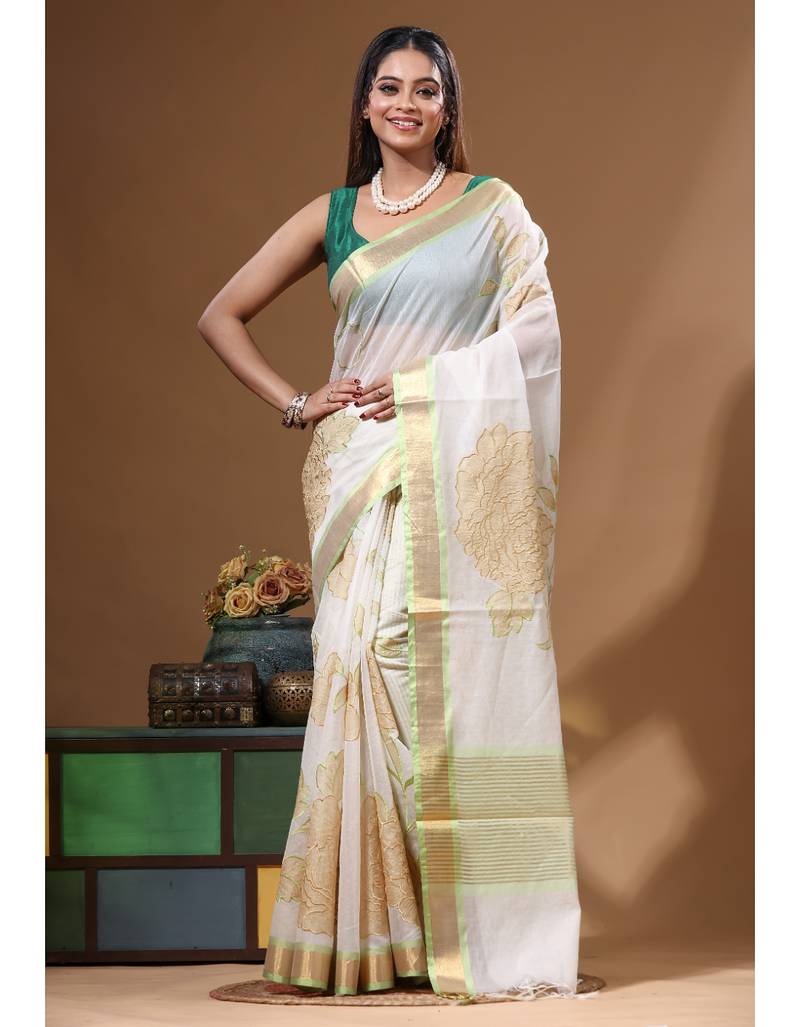 Off-white mal chanderi with applique work saree with blouse piece