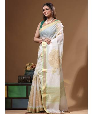 Off-white mal chanderi with applique work saree with blouse piece 2
