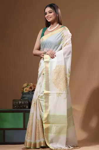 Off-white mal chanderi with applique work saree with blouse piece