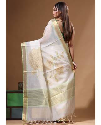 Off-white mal chanderi with applique work saree with blouse piece 3