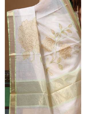 Off-white mal chanderi with applique work saree with blouse piece 4