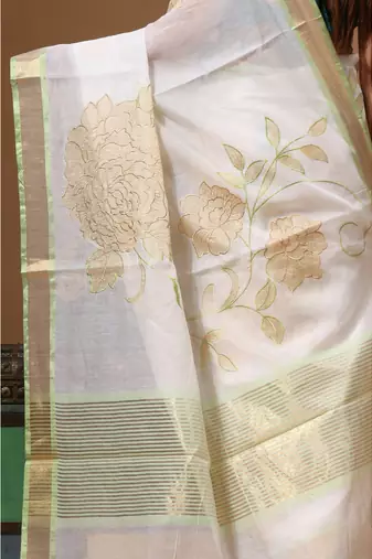 Off-white mal chanderi with applique work saree with blouse piece