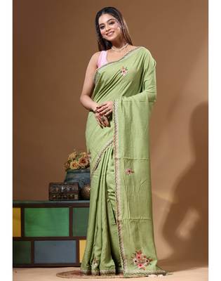 Green pure linen with kantha work saree with blouse piece 1