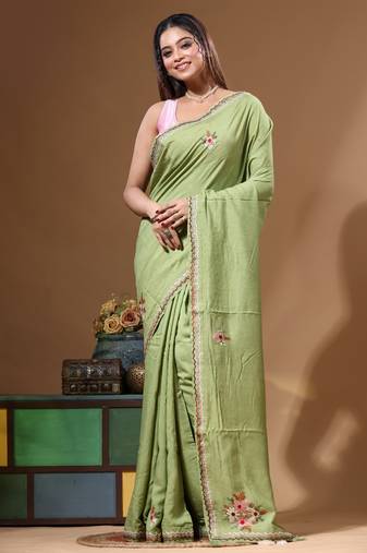 Green pure linen with kantha work saree with blouse piece