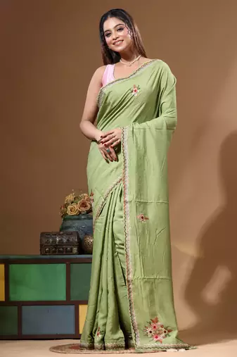 Green pure linen with kantha work saree with blouse piece