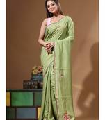 Green pure linen with kantha work saree with blouse piece