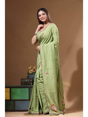Green pure linen with kantha work saree with blouse piece 2
