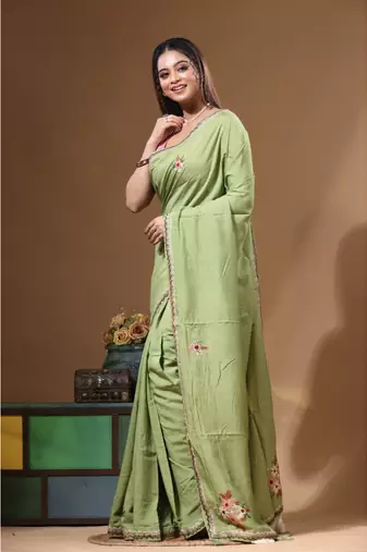 Green pure linen with kantha work saree with blouse piece