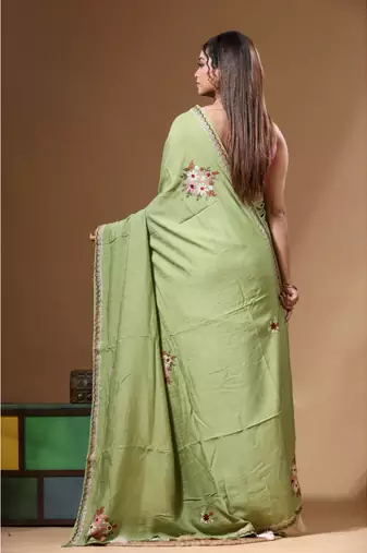 Green pure linen with kantha work saree with blouse piece