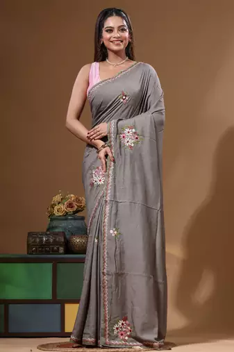 Davy's grey pure linen with kantha work saree with blouse piece