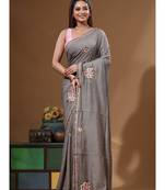 Davy's grey pure linen with kantha work saree with blouse piece