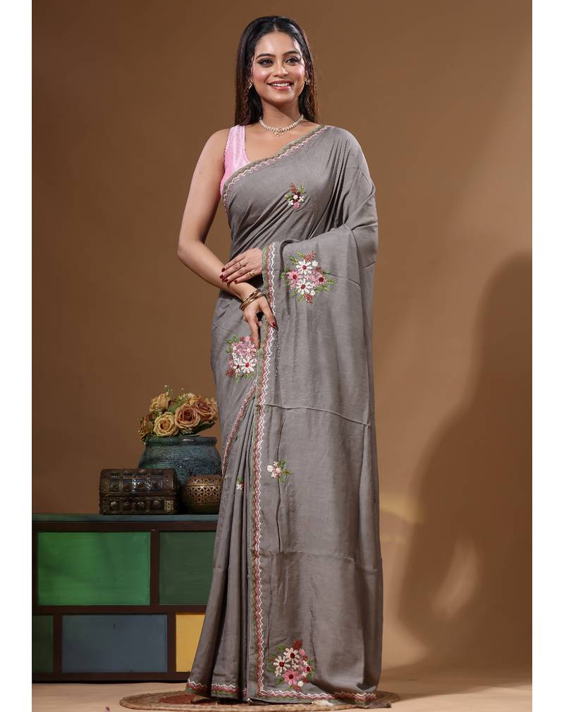 Davy's grey pure linen with kantha work saree with blouse piece
