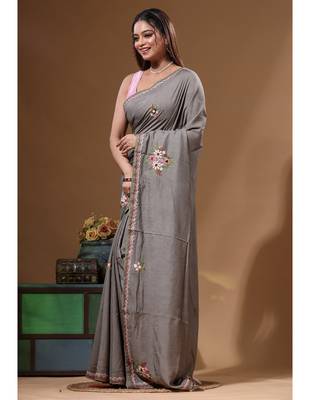 Davy's grey pure linen with kantha work saree with blouse piece 2