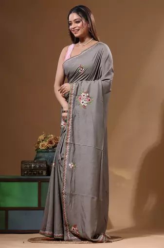 Davy's grey pure linen with kantha work saree with blouse piece
