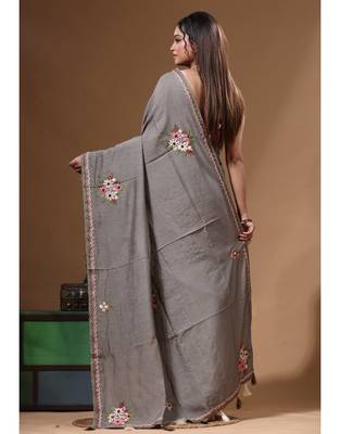Davy's grey pure linen with kantha work saree with blouse piece 3