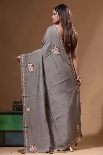 Davy's grey pure linen with kantha work saree with blouse piece