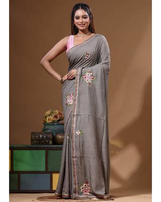 Davy's grey pure linen with kantha work saree with blouse piece 4