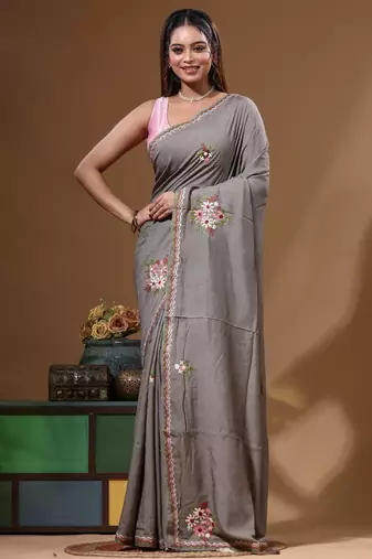 Davy's grey pure linen with kantha work saree with blouse piece